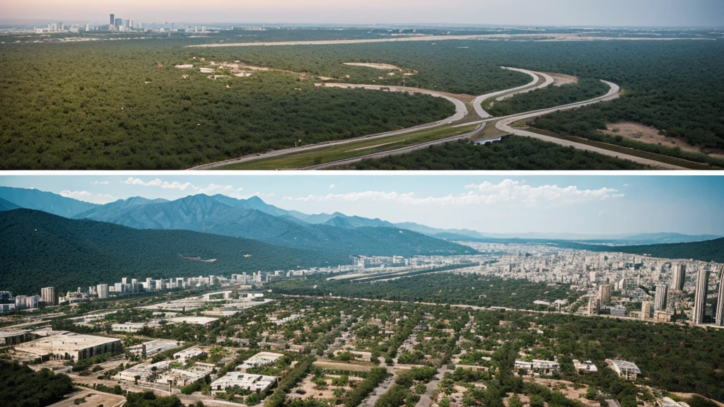 Imagine a triptych sequence that shows the evolution and impact of human activity on the environment. On the left, a lush green mountainous landscape with ancient trees and rich biodiversity, revealing a pristine and vibrant ecosystem from afar. In the middle, that same scene now dominated by a modern metropolis with tall skyscrapers and bustling urban activity, where trees have been replaced by concrete and glass, and air pollution is palpable. On the right, the landscape transforms into a desolate vision: devastated and barren lands, felled trees and no sign of life, showing the irreversible impact of urbanization and pollution on a once prosperous environment