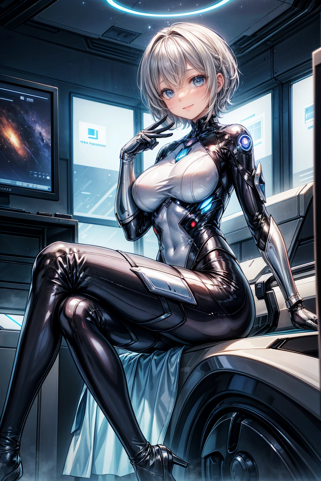 Highest quality、、(Near future)、Metallic color stockings、High leg bodysuit、Show Viewer、W sitting、smile、Futuristic operation room、indirect lighting、I can see the universe from the window、Silver short hair、Beautiful Eyes、Beautiful Face、Delicate eyes

