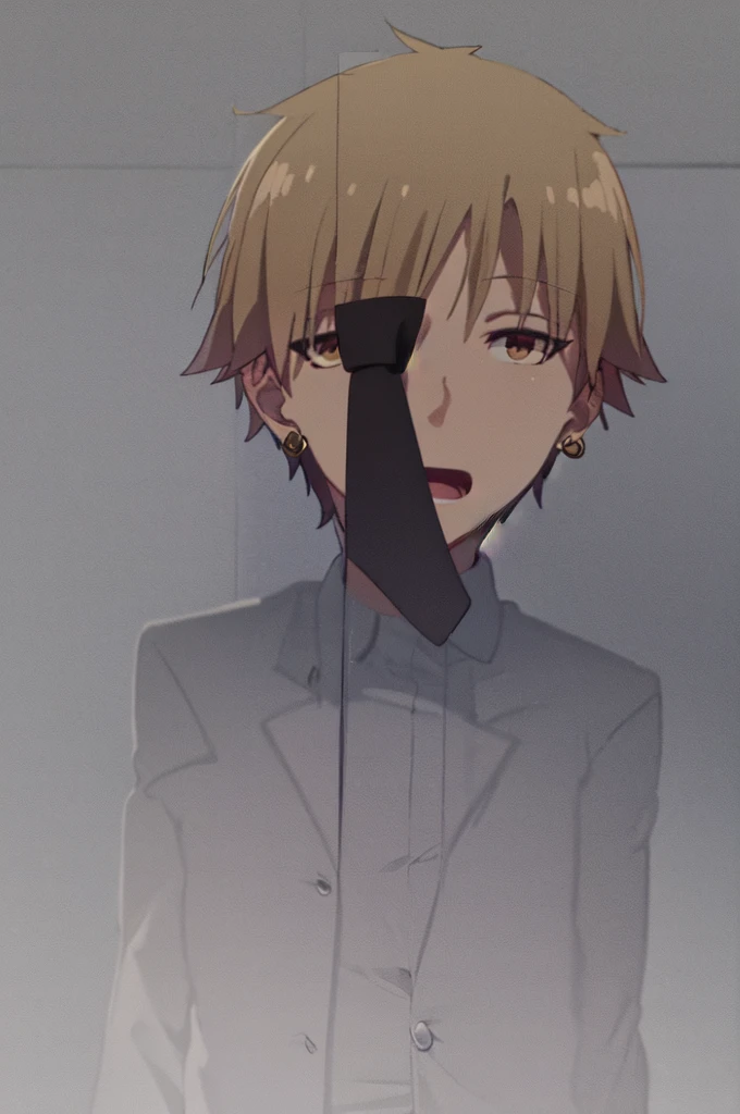 Masterpiece, best quality, 1boy, upper body, necktie, ((black earrings)), open mouth, simple backround, blonde hair, short hair, brown eyes, from above, looking at viewer, face