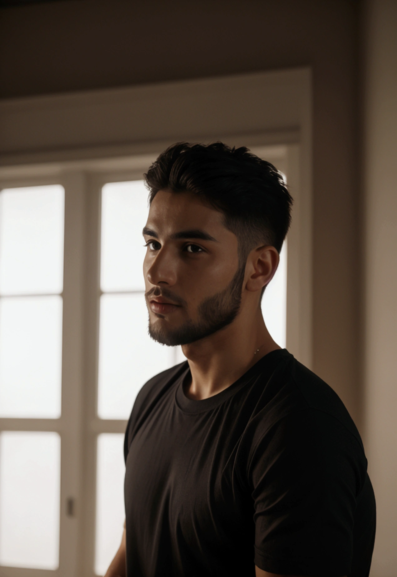 A young 25 year old man, bonitas, athletic body, wearing a black t-shirt tight to the body, super realistico, cinematic effect, short haircut style with deep brown hair, your hair is very short, he has a very light and low beard, background with dark environment, good lighting as if it were a scene from a movie, 8k, ultra realisitic, sharp.
