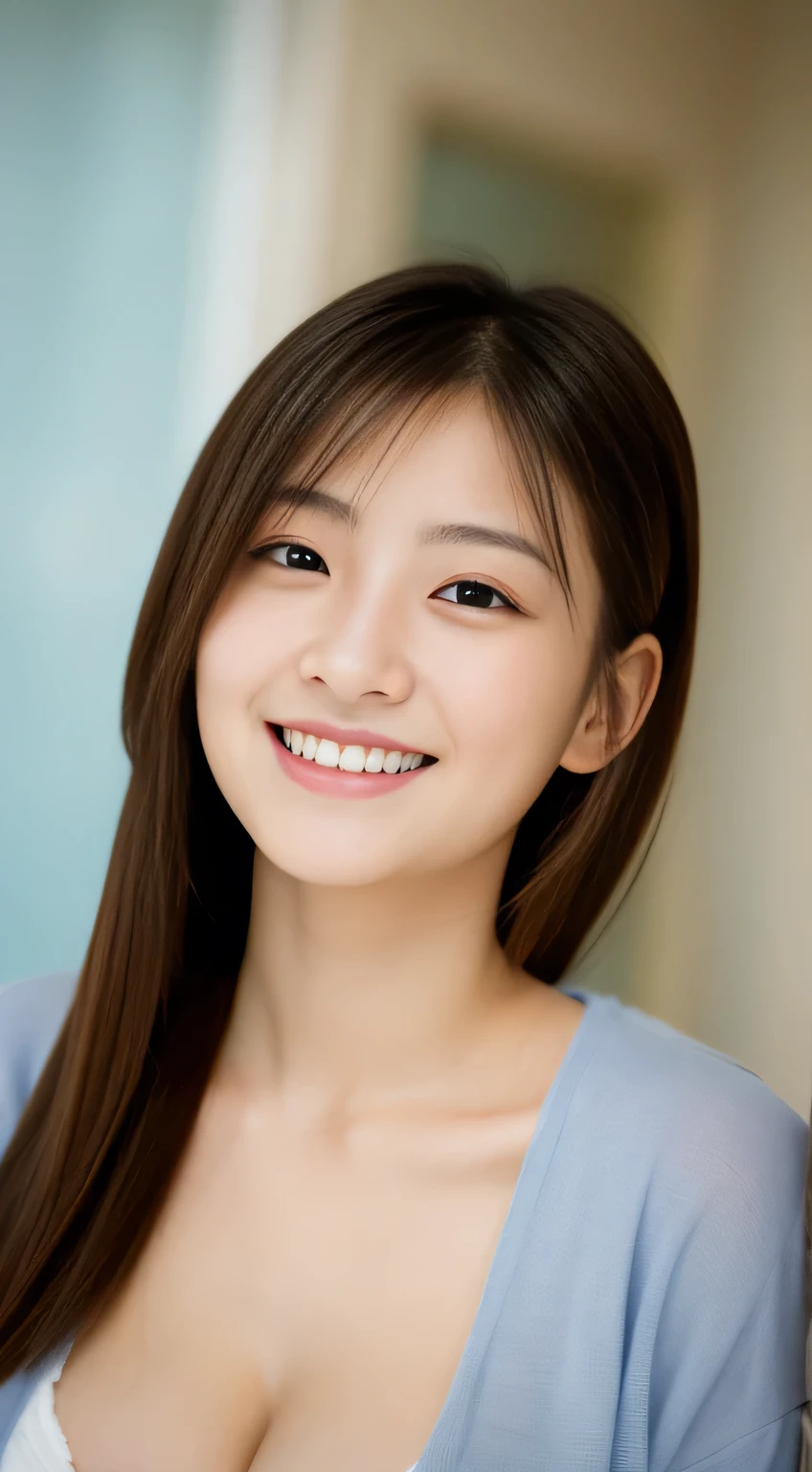 masterpiece,best quality,(Japanese ),((Beautiful girl)),cleavage,indoor,(perfect body beauty:1.2),(shy smile),beautiful teeth,From slightly above