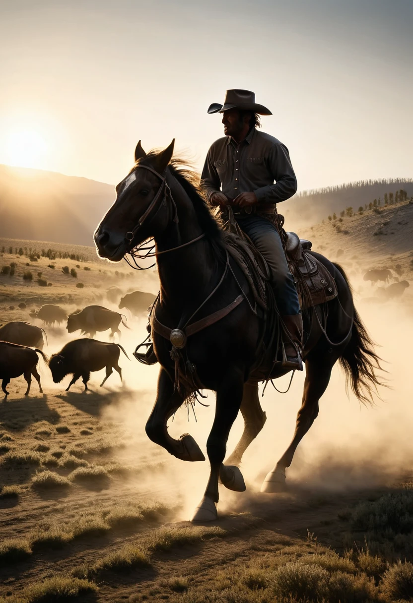 (masterpiece, best quality, super detailed, wide shot), silhouette, (Western cowboy on horseback), He chases a large herd of buffalo from behind toward the viewer, covered wagon together, In the wilderness of western North America in the 19th century, With the setting sun in the background, Dynamic Motion Blur, Cinema Lighting, Dynamic action scenes