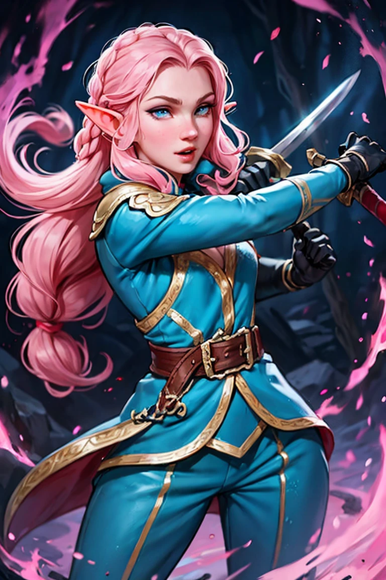 Woman, long wavy hair, braid, blue eyes, elf, sexy, happy, wearing pants, fighting position, sword , Pink hair