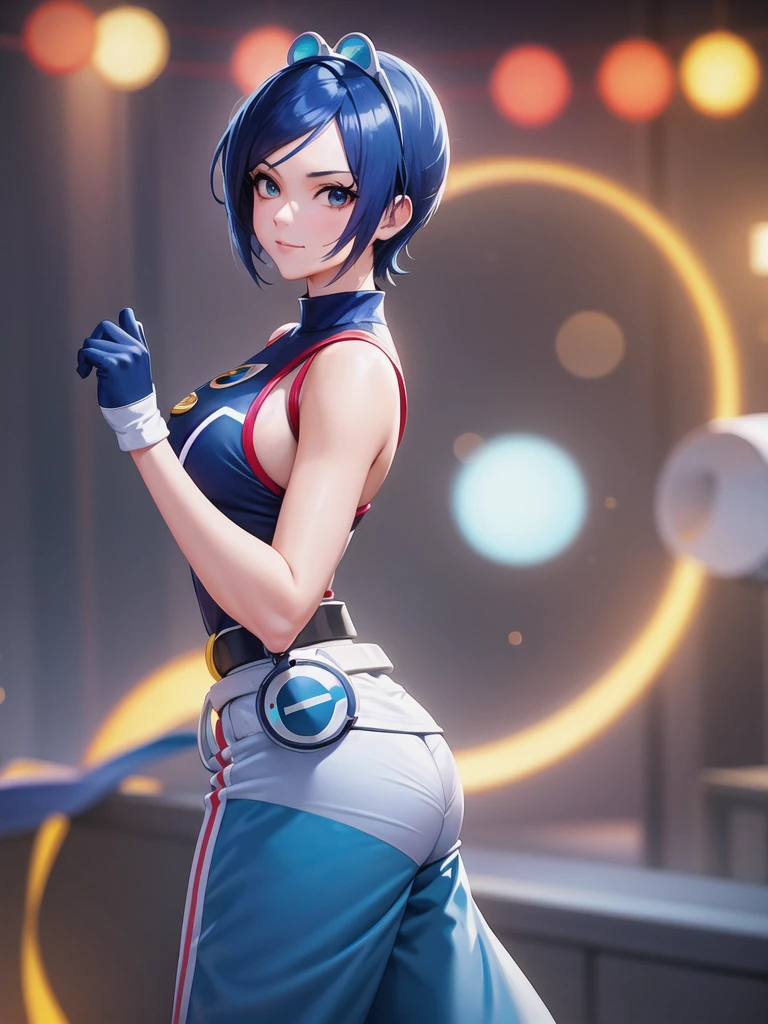 (at night), in a video game scene, a background of a beautiful city during the day raining, standing at attention, semi-short blue hair, blouse with an anime frog face, white flared pants, wearing blue fingerless exercise gloves, has round goggles on her head, huge belt with a round eyeglass, ((blue hair)), 1 girl, alone, 20 years old, young woman, perfect hands, beautiful fingers, beautiful long legs, beautiful body, beautiful nose, beautiful design of characters, perfect face, looking at the viewer with serious gesture (focusing on his face), closed mouth, Light_Smile, official art, extremely detailed CG unity 8k wallpaper, perfect lighting, bright and colorful front lighting, glowing skin (masterpiece : 1.0), (best_quality: 1.0), ultra high resolution, 4K, ultra detailed photography, 8K, HDR, high resolution, nonsense:1.2, Kodak portra 400, film grain, background blur, bokeh:1.2, lens flare, (vibrant_color:1.2), professional photography, (beautiful_face: 1.5), (narrow waist),
