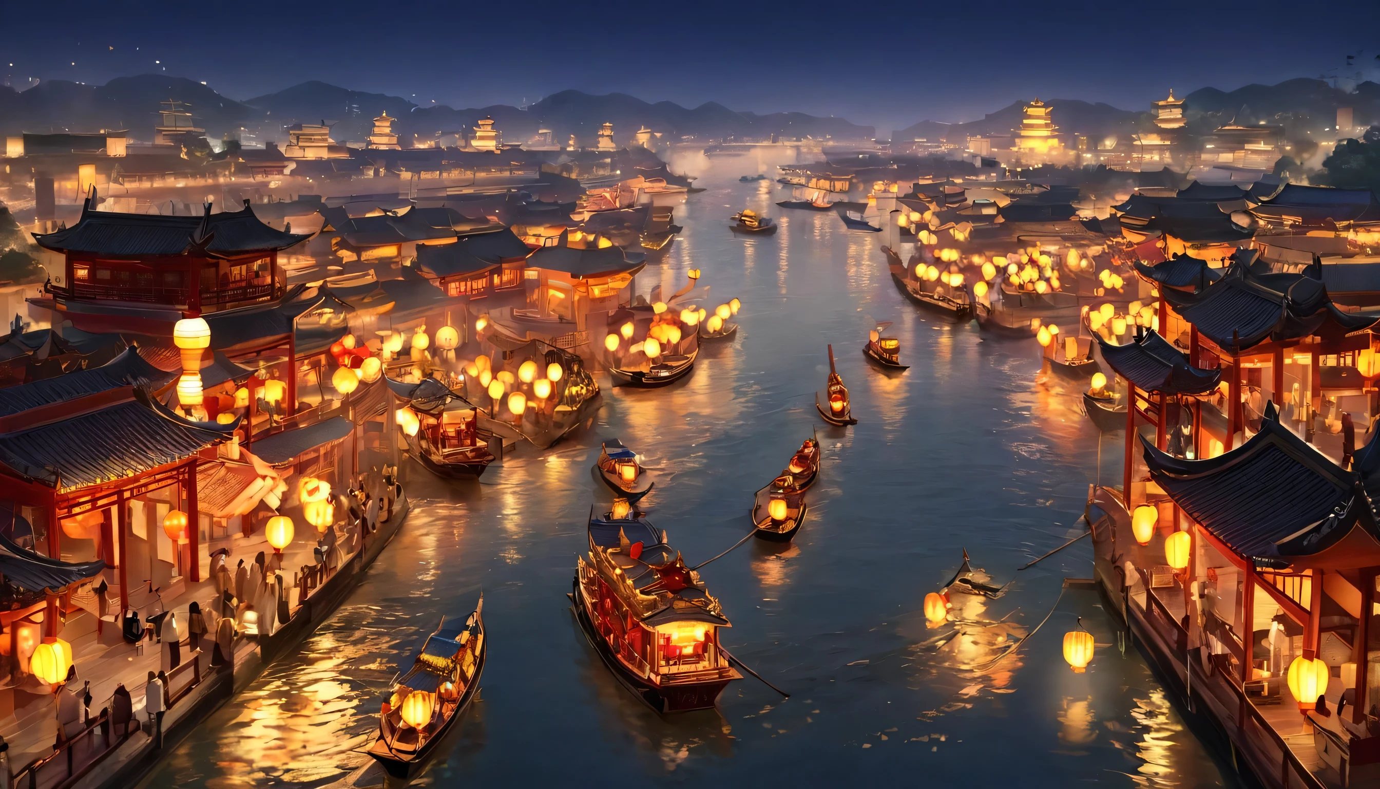 Ancient china city, lantern festival night, river, lanterns floating on river, ancient ships and boats with lanterns on the river