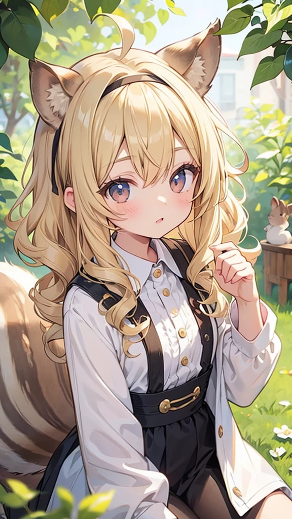 Blonde, Curly Hair, hair band, Squirrel ears, Squirrel&#39;s Tail, Art Deco, Shine, Symmetric, throw, Anatomically correct, Textured skin, Attention to detail, Highest quality, Super Detail, Maid, pretty girl, Tea Time, colorful