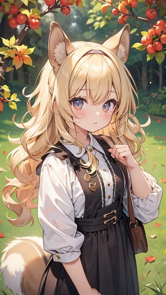 Blonde, Curly Hair, hair band, Squirrel ears, Squirrel&#39;s Tail, Art Deco, Shine, Symmetric, throw, Anatomically correct, Textured skin, Attention to detail, Highest quality, Super Detail, Maid, pretty girl, Tea Time, colorful