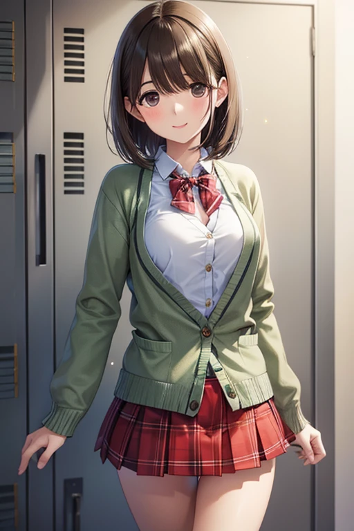 anegasaki nene、Shiny brown hair, short hair, (Beautiful brown eyes、Sparkling eyes, Fine grain)、smile、Ultra-detailed eyes、非常にDetailed face, Very detailed目,



masterpiece, Highest quality, Highest quality, Beautiful and aesthetic:1.2), Very detailed, Detailed clothing, Detailed clothing, Detailed face, 

, (((Red Check Mini Skirt, BREAK Green cardigan,  BREAK White top)))、alone, View your audience, high school, locker, Young people,  stylish, 
