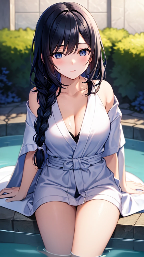 (((Masterpiece))),(((Best quality))),((Super detailed)),(illustration),The black-haired, blue-eyed girl is bathing half-lying in the water,Eyes look away,A long braid on the shoulder,((Wearing a very revealing white bathrobe)),Sit in the bathhouse,Black hair,Soaked