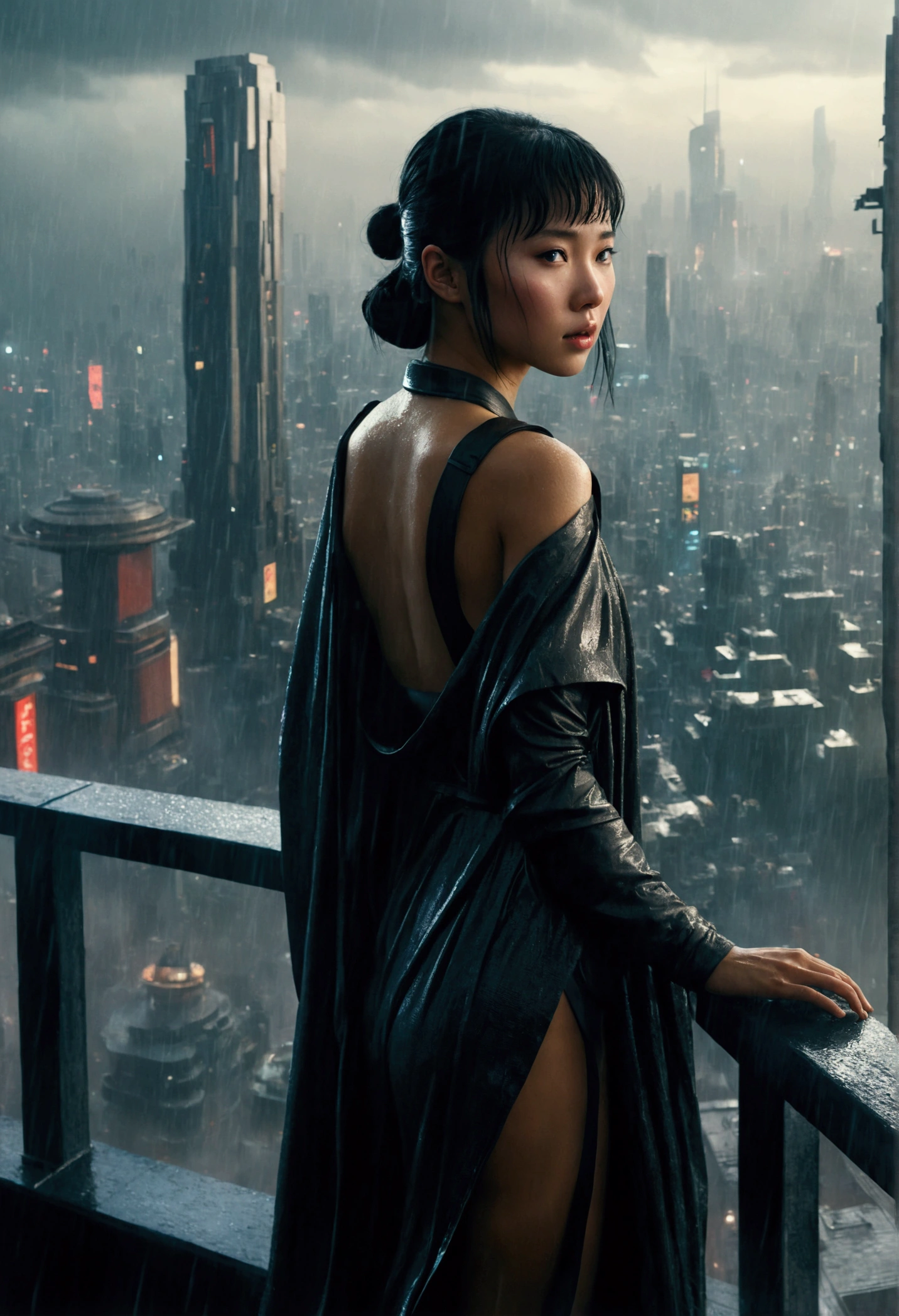 Inspired photorealistic image of future city "Blade Runner", A beautiful Asian girl stands on the terrace of a skyscraper overlooking the city. it is raining,There are 16 scenes:9 Aspect Ratio (Please include terrace roof)), View from the rear three quarters