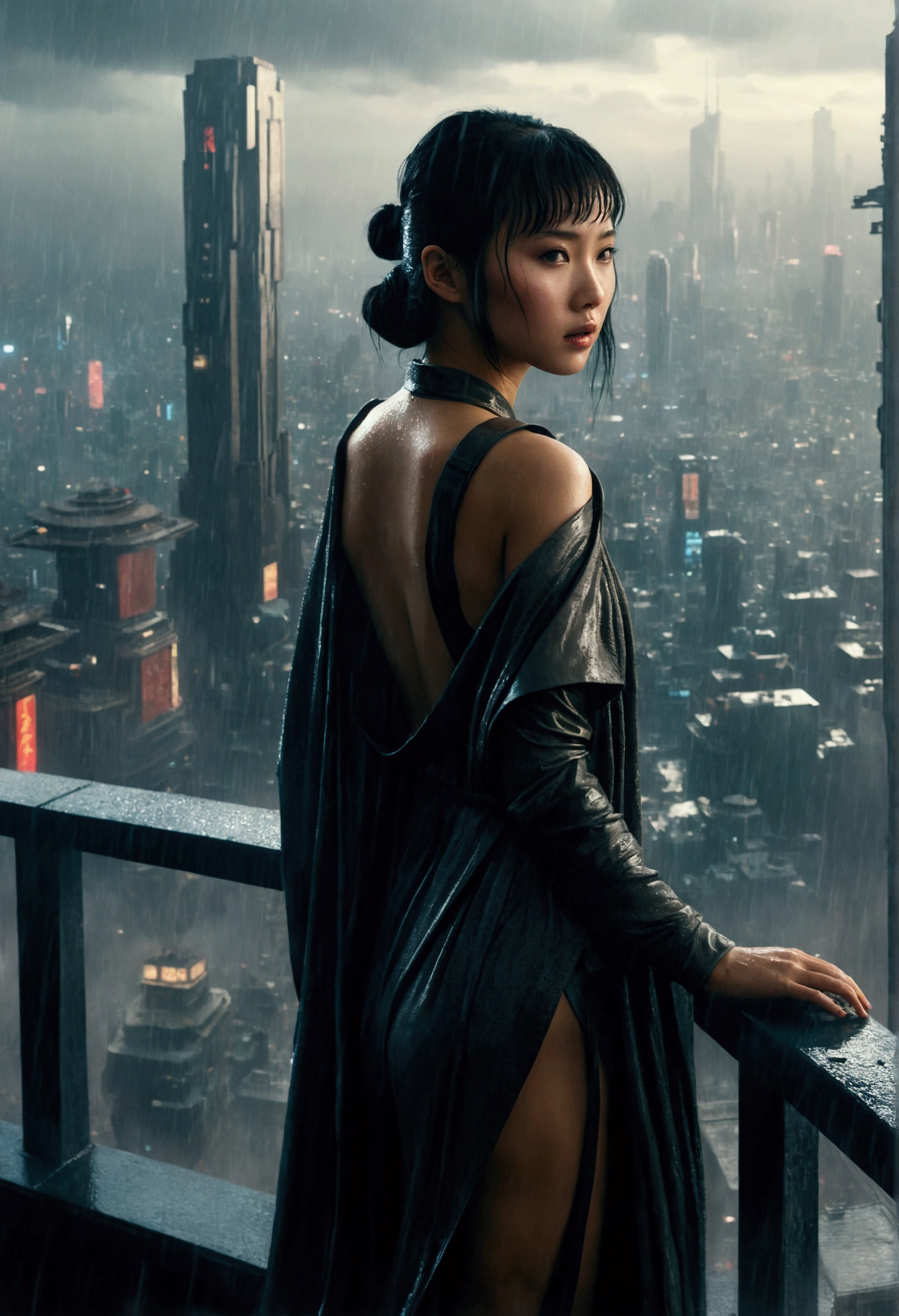 Inspired photorealistic image of future city "Blade Runner", A beautiful Asian girl stands on the terrace of a skyscraper overlooking the city. it is raining，There are 16 scenes:9 Aspect Ratio (Please include terrace roof)), View from the rear three quarters