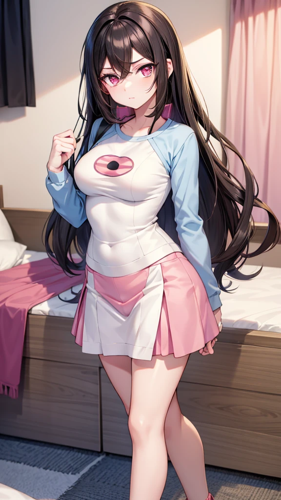 An anime woman 25 years old, medium wavy black hair, pink eyes, medium chest, wearing a white bikibi posing in her room
