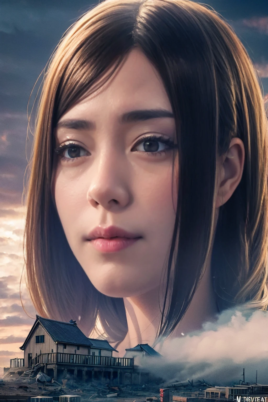 Horrorな雰囲気、Towering Giant、Woman who brings disaster、A powerful and impressive image、Accurate female body、Human body、giantess、A woman bigger than a building、The growing human body、Giantess、The Devil's Outfit、Giant Devil、Villainess、Bad guy、Messenger from Hell、walk、masterpiece、Detailed illustrations、precise illustration、High quality、Japanese、smile、smile、Cute woman、Long Hair、Open your mouth、Low - Angle、Small Town、A small city in ruins、都市のLow - Angleの遠景、Flying debriasterpiece、Anatomically correct、sand smoke、Smoke is rising、Building burns、Gloomy Weather、night、Horror、Catastrophe、thunder、storm、rain、person looking up from below々