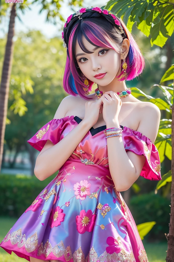 (masterpiece:1.4), (best quality:1.4), ultra high res, ultra high resolution, ((detailed facial features)), HDR, (realistic, photorealistic, photo-realistic:1.37), full body Esbian, sexy Vietnamese model, (-anime), only 1 model, vivid colors, ((vivid colors multicolor (fuchsia, pink, light blue, purple) very short hair)), (beautiful smile), lip-gloss, long lashes, defined eyebrows, wearing large sparkling colorful jewelery, wearing a red silk Paradise Kiss cosplay dress with black floral embroidery, ((vivid colors outfit)), vivid colors, look at the camera, cinematic light, large park background with trees, sweet and sexy pose