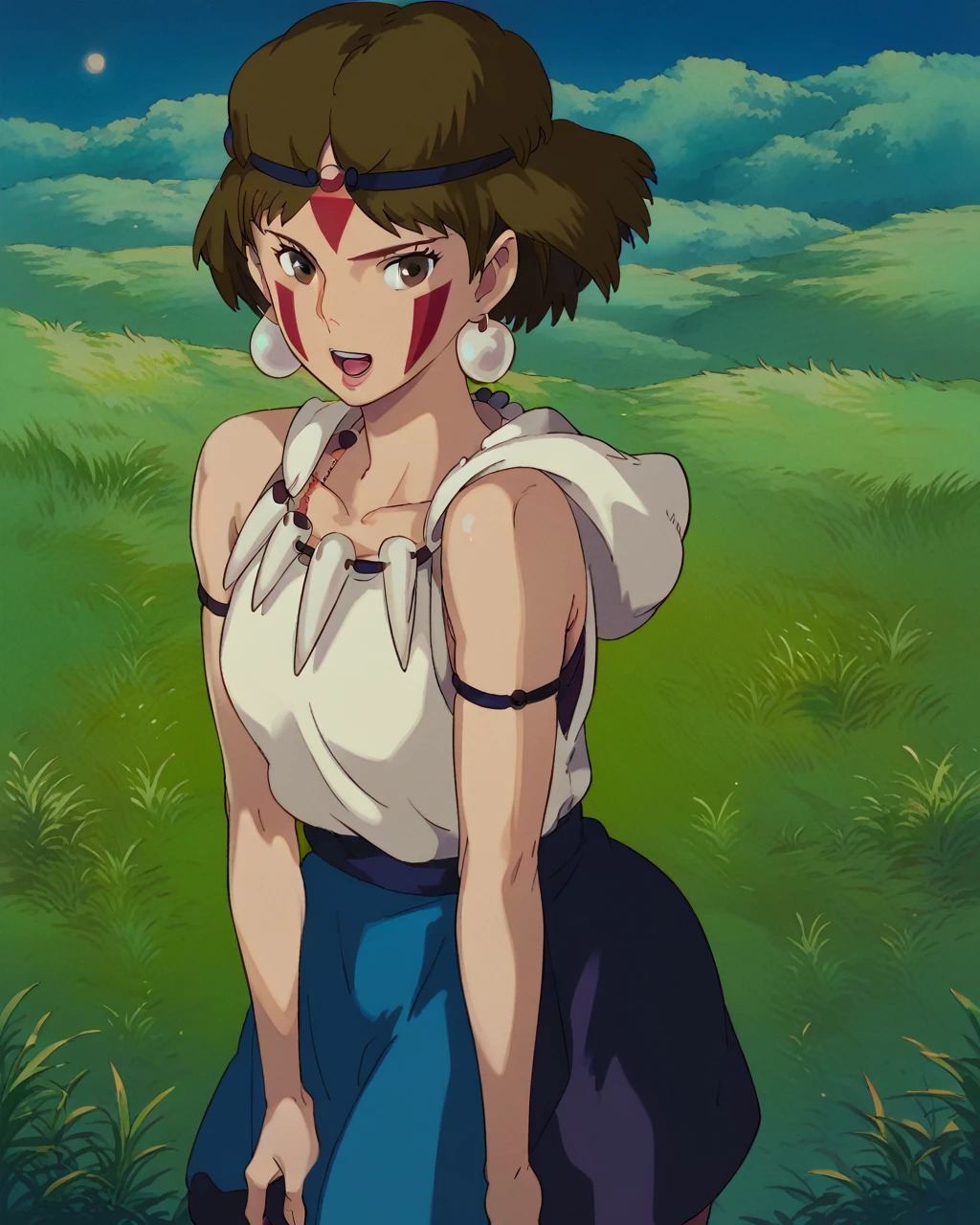 score_9, score_8_up, score_7_up, zPDXL, Ghiblistyle, 1girl, hot onlyfans, solo, looking at viewer, short hair, open mouth, brown hair, brown eyes, jewelry, earrings, necklace, bare arms, night, headband, facial mark, grass, facepaint