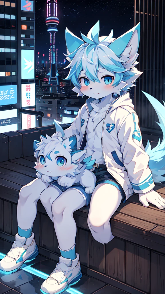 Blue hair，White hair，Blue dragon tail，The end of the tail has white fuzz，hairy，God of Art Super Top Quality, Super detailed, High resolution, Anime cute art style, The best anime, 8k, Kona sauce wallpaper, Pixiv Contest Winners, Perfect anatomical structure, , (Energetic teenager, :1.3), High resolution详细的头发，Iris and pupil are well proportioned，Blue pupils，Blue ears，Single，Light blue coat，White shorts，White stockings，White sneakers，night，City，On top of the building，Neon lights