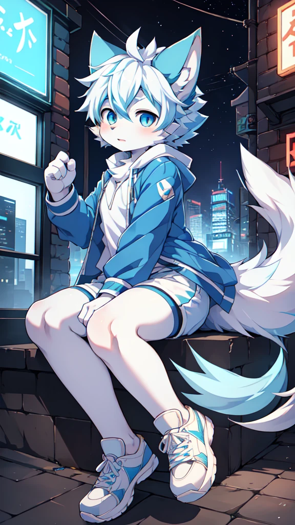 Blue hair，White hair，Blue dragon tail，The end of the tail has white fuzz，hairy，God of Art Super Top Quality, Super detailed, High resolution, Anime cute art style, The best anime, 8k, Kona sauce wallpaper, Pixiv Contest Winners, Perfect anatomical structure, , (Energetic teenager, 13 years old:1.3), High resolution详细的头发，Iris and pupil are well proportioned，Blue pupils，Blue ears，Single，Light blue coat，White shorts，White stockings，White sneakers，night，City，On top of the building，Neon lights