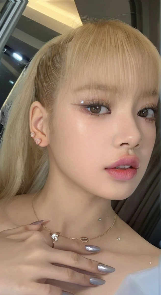 Close-up of a woman with long blonde hair, Lisa de blackpink, Retrato de Lisa de blackpink, Jennie the Blackpink, wongyoung de ive, Nariz de Lisa de blackpink, ive wonyoung lips, South Korean popular makeup by Wongyoung from IVE, Lisa BlackPink Portrait, BlackPink Lisa Pastel Pink Skin Tone, blackpink jennie popular korean makeup.