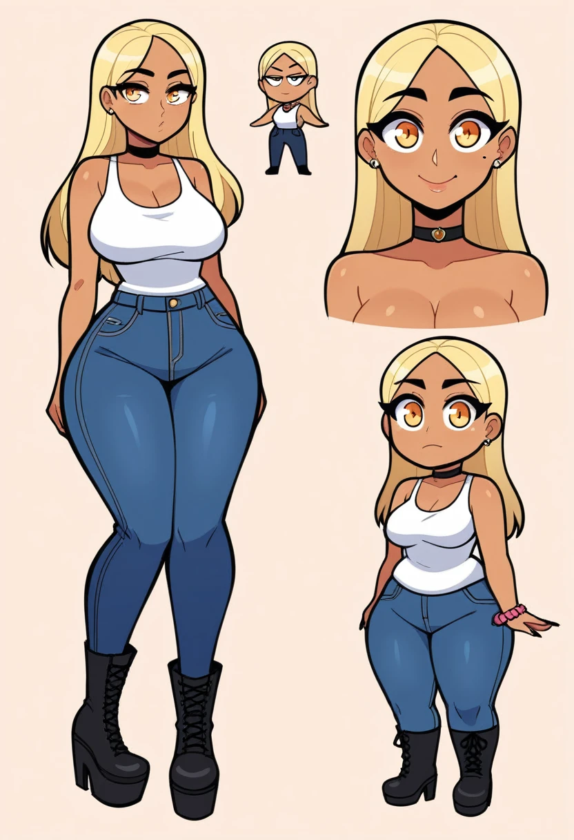 Expressiveh, egirlthot, chibiIcon, , score_9, score_8_up, score_8, (top quality,8k wallpaper),(masterpiece,best quality:1.2), ((source_anime, anime)), 1girl, , goat pupils, gyaru, ((very light blonde hair, long hair, )), old, mother, milf, , ,, tan skin, makeup, tan skin, saggy breasts, saggy, amused eyes, amused smile, , , wide eyes, jealous, jealousy, very jealous, yandere, , , blonde eyebrows, , obsessive, , black mascara, black eyeliner, yellow eyes, , , , , big sister, , large eyes, beauty mark, , giggling, laughing , , athletic , long fingernails,s1z3d1ff_t4lk, taller girl, standing, legs straight, , [[from below]:0.5], pov, eye contact, chibi, icon, cartoon, big head, wide hips, wide torso, plump, big eyes, full body, character sheet, various angles, white tanktop, denim jeans, platform boots, choker, 