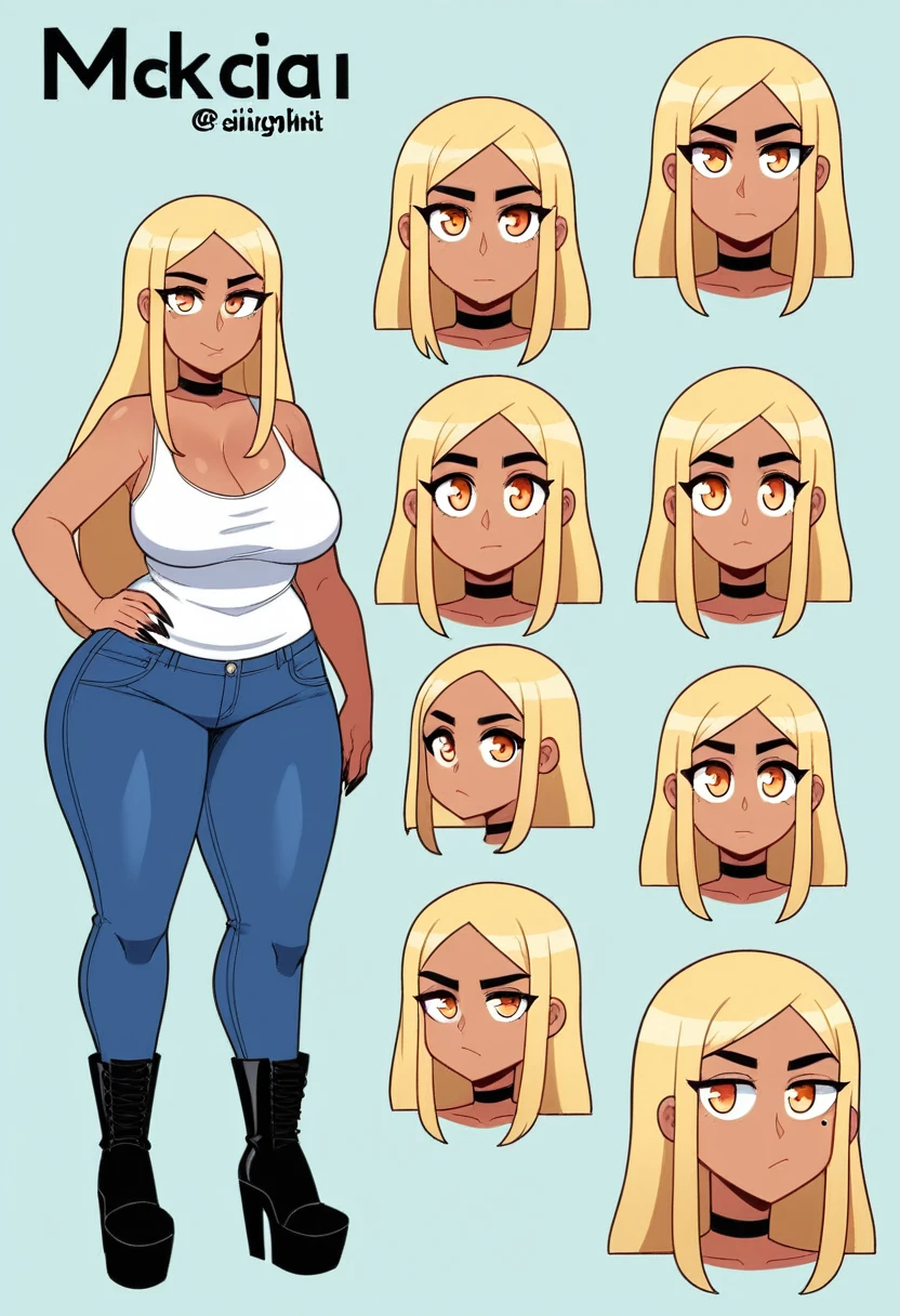 Expressiveh, egirlthot, chibiIcon, , score_9, score_8_up, score_8, (top quality,8k wallpaper),(masterpiece,best quality:1.2), ((source_anime, anime)), 1girl, , goat pupils, gyaru, ((very light blonde hair, long hair, )), old, mother, milf, , ,, tan skin, makeup, tan skin, saggy breasts, saggy, amused eyes, amused smile, , , wide eyes, jealous, jealousy, very jealous, yandere, , , blonde eyebrows, , obsessive, , black mascara, black eyeliner, yellow eyes, , , , , big sister, , large eyes, beauty mark, , giggling, laughing , , athletic , long fingernails,s1z3d1ff_t4lk, taller girl, standing, legs straight, , [[from below]:0.5], pov, eye contact, chibi, icon, cartoon, big head, wide hips, wide torso, plump, big eyes, full body, character sheet, various angles, white tanktop, denim jeans, platform boots, choker, 