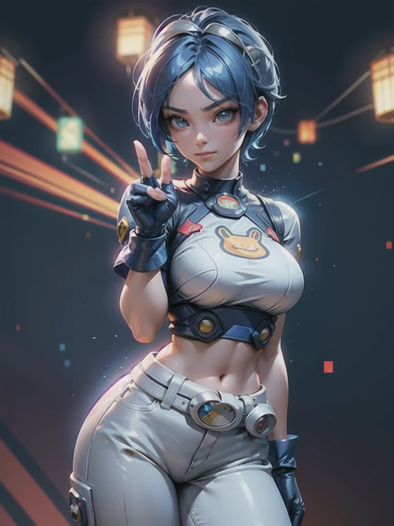 (at night), in a video game scene, a background of a beautiful city during the day raining, standing at attention, semi-short blue hair, blouse with an anime frog face, white flared pants, wearing blue fingerless exercise gloves, has round goggles on her head, huge belt with a round eyeglass, ((blue hair)), 1 girl, alone, 20 years old, young woman, perfect hands, beautiful fingers, beautiful long legs, beautiful body, beautiful nose, beautiful design of characters, perfect face, looking at the viewer with serious gesture (focusing on his face), closed mouth, Light_Smile, official art, extremely detailed CG unity 8k wallpaper, perfect lighting, bright and colorful front lighting, glowing skin (masterpiece : 1.0), (best_quality: 1.0), ultra high resolution, 4K, ultra detailed photography, 8K, HDR, high resolution, nonsense:1.2, Kodak portra 400, film grain, background blur, bokeh:1.2, lens flare, (vibrant_color:1.2), professional photography, (beautiful_face: 1.5), (narrow waist),