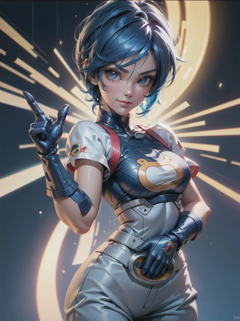 (at night), in a video game scene, a background of a beautiful city during the day raining, standing at attention, semi-short blue hair, blouse with an anime frog face, white flared pants, wearing blue fingerless exercise gloves, has round goggles on her head, huge belt with a round eyeglass, ((blue hair)), 1 girl, alone, 20 years old, young woman, perfect hands, beautiful fingers, beautiful long legs, beautiful body, beautiful nose, beautiful design of characters, perfect face, looking at the viewer with serious gesture (focusing on his face), closed mouth, Light_Smile, official art, extremely detailed CG unity 8k wallpaper, perfect lighting, bright and colorful front lighting, glowing skin (masterpiece : 1.0), (best_quality: 1.0), ultra high resolution, 4K, ultra detailed photography, 8K, HDR, high resolution, nonsense:1.2, Kodak portra 400, film grain, background blur, bokeh:1.2, lens flare, (vibrant_color:1.2), professional photography, (beautiful_face: 1.5), (narrow waist),
