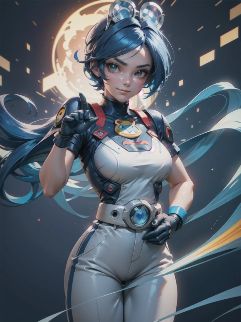 (at night), in a video game scene, a background of a beautiful city during the day raining, standing at attention, semi-short blue hair, blouse with an anime frog face, white flared pants, wearing blue fingerless exercise gloves, has round goggles on her head, huge belt with a round eyeglass, ((blue hair)), 1 girl, alone, 20 years old, young woman, perfect hands, beautiful fingers, beautiful long legs, beautiful body, beautiful nose, beautiful design of characters, perfect face, looking at the viewer with serious gesture (focusing on his face), closed mouth, Light_Smile, official art, extremely detailed CG unity 8k wallpaper, perfect lighting, bright and colorful front lighting, glowing skin (masterpiece : 1.0), (best_quality: 1.0), ultra high resolution, 4K, ultra detailed photography, 8K, HDR, high resolution, nonsense:1.2, Kodak portra 400, film grain, background blur, bokeh:1.2, lens flare, (vibrant_color:1.2), professional photography, (beautiful_face: 1.5), (narrow waist),
