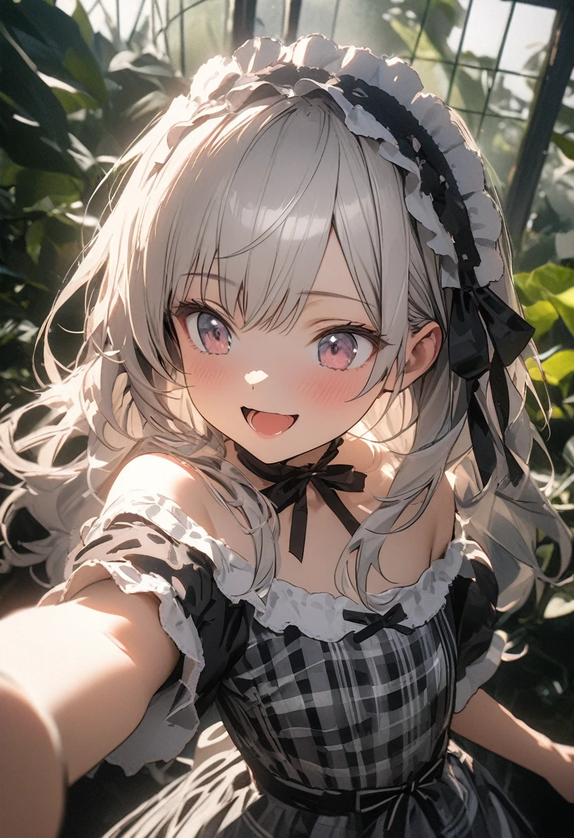 ((Masterpiece)), ((best quality)), ((kawaii)), ((extremely detailed)), (sketch:0.3), (RAW photo:1.2), (8K), (High Definition:1.3), (Professional Photography:1.2), cinematic lighting, (very aesthetic:1.2), (absurdres:1.2), (sharp focus), (perfect light), (()), cute teenage girlaid dress, (Off-Shoulder dress), hoop dress, strapless, (lolita fashion),althy skin), pale silver hair, (Reaching arm), exposed bare shoulder and arms, lolita style, ((lookat another)), naughty smile, open mouth, pretty, portrait of lolita girl, red checkergainst the giant greenhouse), ribbon belt,