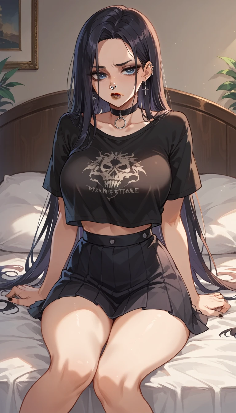 ((masterpiece)), (ultra high quality)), impressive details)), ((NSFW)), ((depressing colors)), (perfect lighting)), 1 girl, (perfect body), clear skin, big natural breasts, Nose piercing, shading in the eyes, gothic, black painted lips, dark clothing, shirt and short skirt, front view, pose sexy, on top of a bed