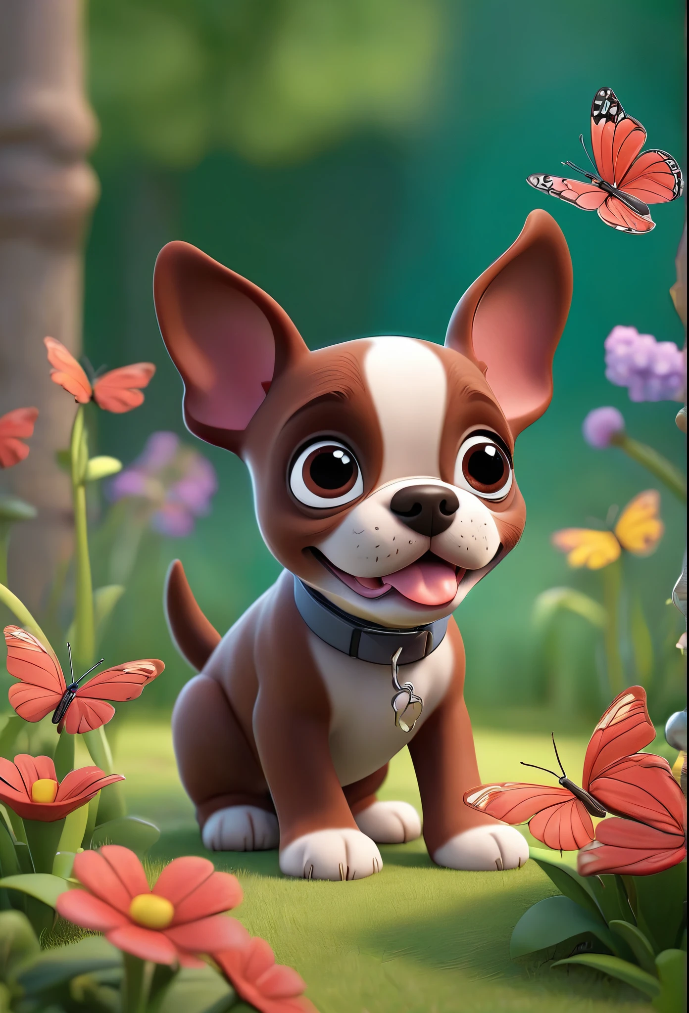 Adorable small red boston Terrior puppy playing at park butterflies and flowers in background 3D Pixar style