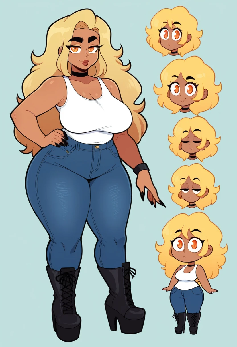 Expressiveh, egirlthot, chibiIcon, , score_9, score_8_up, score_8, (top quality,8k wallpaper),(masterpiece,best quality:1.2), ((source_anime, anime)), 1girl, , goat pupils, gyaru, ((very light blonde hair, long hair, )), old, mother, milf, , ,, tan skin, makeup, tan skin, saggy breasts, saggy, amused eyes, amused smile, , , wide eyes, jealous, jealousy, very jealous, yandere, , , blonde eyebrows, , obsessive, , black mascara, black eyeliner, yellow eyes, , , , , big sister, , large eyes, beauty mark, , giggling, laughing , , athletic , long fingernails,s1z3d1ff_t4lk, taller girl, standing, legs straight, , [[from below]:0.5], pov, eye contact, chibi, icon, cartoon, big head, wide hips, wide torso, plump, big eyes, full body, character sheet, various angles, white tanktop, denim jeans, platform boots, choker, 
