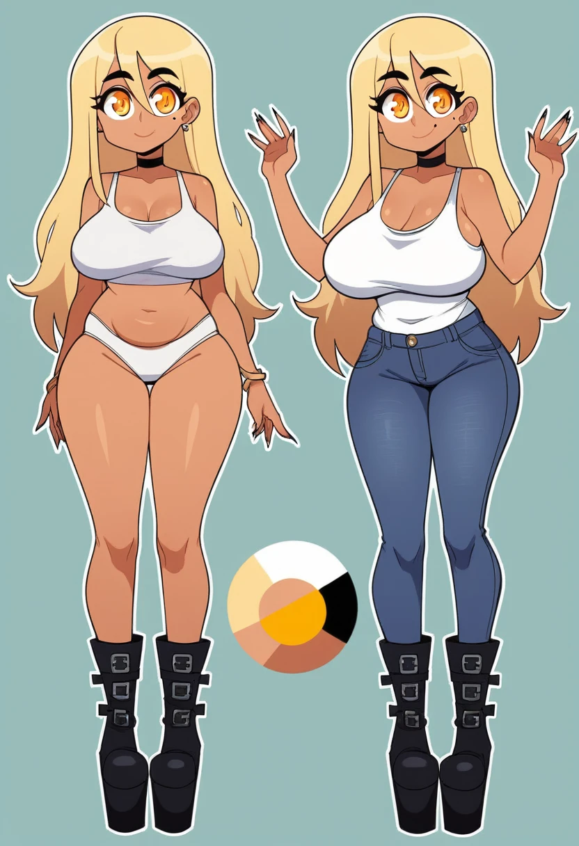 Expressiveh, egirlthot, chibiIcon, , score_9, score_8_up, score_8, (top quality,8k wallpaper),(masterpiece,best quality:1.2), ((source_anime, anime)), 1girl, , goat pupils, gyaru, ((very light blonde hair, long hair, )), old, mother, milf, , ,, tan skin, makeup, tan skin, saggy breasts, saggy, amused eyes, amused smile, , , wide eyes, jealous, jealousy, very jealous, yandere, , , blonde eyebrows, , obsessive, , black mascara, black eyeliner, yellow eyes, , , , , big sister, , large eyes, beauty mark, , giggling, laughing , , athletic , long fingernails,s1z3d1ff_t4lk, taller girl, standing, legs straight, , [[from below]:0.5], pov, eye contact, chibi, icon, cartoon, big head, wide hips, wide torso, plump, big eyes, full body, character sheet, various angles, white tanktop, denim jeans, platform boots, choker, 