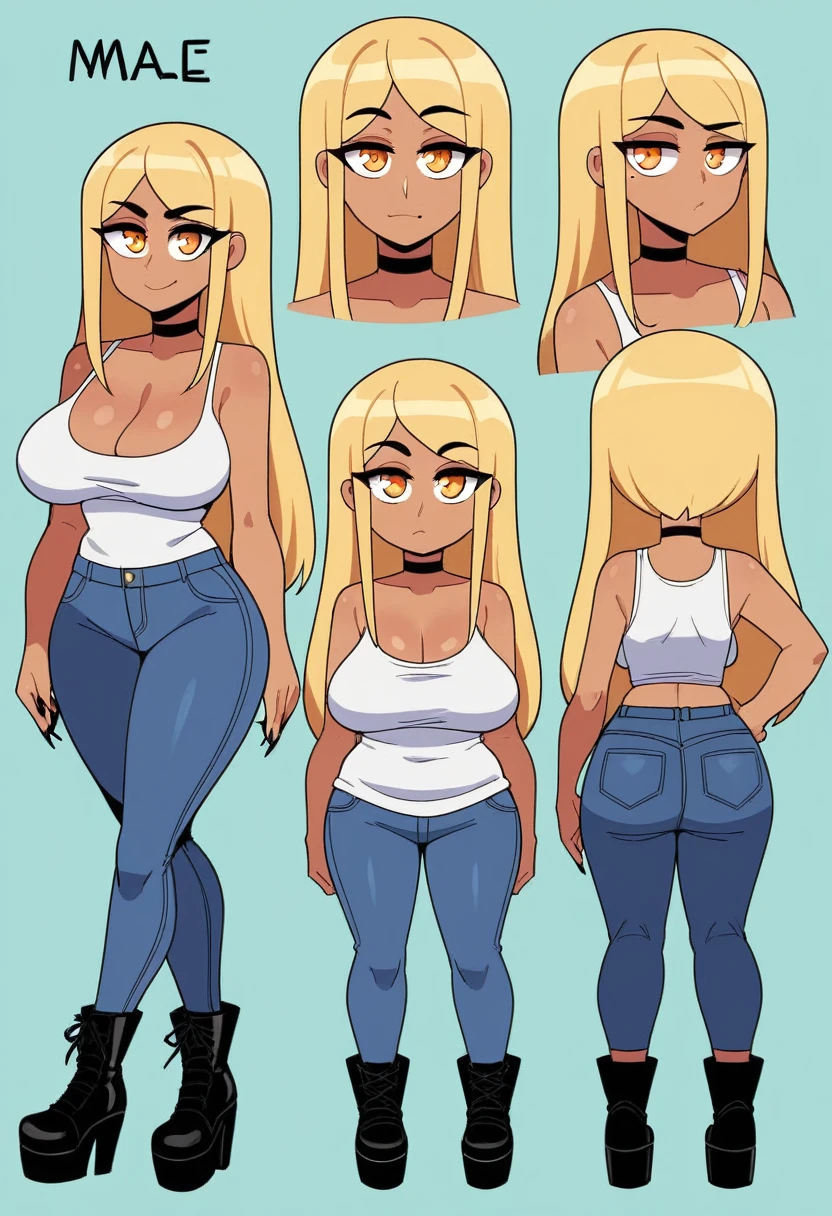 Expressiveh, egirlthot, chibiIcon, , score_9, score_8_up, score_8, (top quality,8k wallpaper),(masterpiece,best quality:1.2), ((source_anime, anime)), 1girl, , goat pupils, gyaru, ((very light blonde hair, long hair, )), old, mother, milf, , ,, tan skin, makeup, tan skin, saggy breasts, saggy, amused eyes, amused smile, , , wide eyes, jealous, jealousy, very jealous, yandere, , , blonde eyebrows, , obsessive, , black mascara, black eyeliner, yellow eyes, , , , , big sister, , large eyes, beauty mark, , giggling, laughing , , athletic , long fingernails,s1z3d1ff_t4lk, taller girl, standing, legs straight, , [[from below]:0.5], pov, eye contact, chibi, icon, cartoon, big head, wide hips, wide torso, plump, big eyes, full body, character sheet, various angles, white tanktop, denim jeans, platform boots, choker, 
