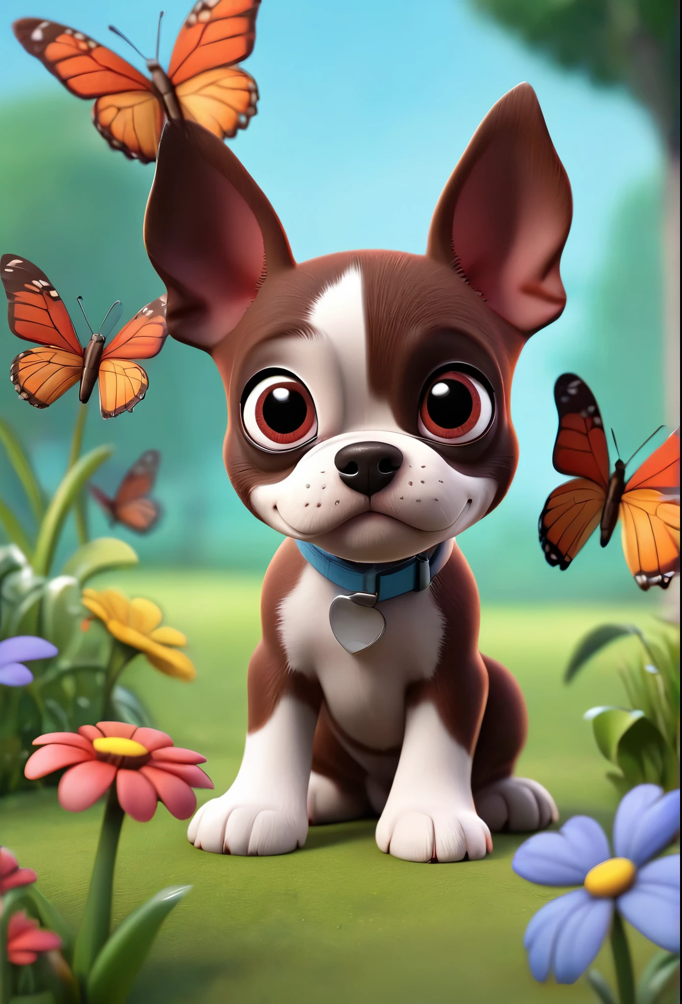 Adorable small red boston Terrior puppy playing at park erflies and flowers in background 3D Pixar style