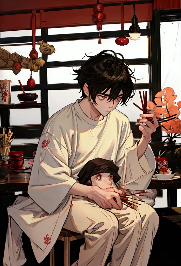 boyfriend feeding his girlfriend sushi with chopsticks, casual clothing, shy, stools. (1girl, 1boy) (masterpiece)
