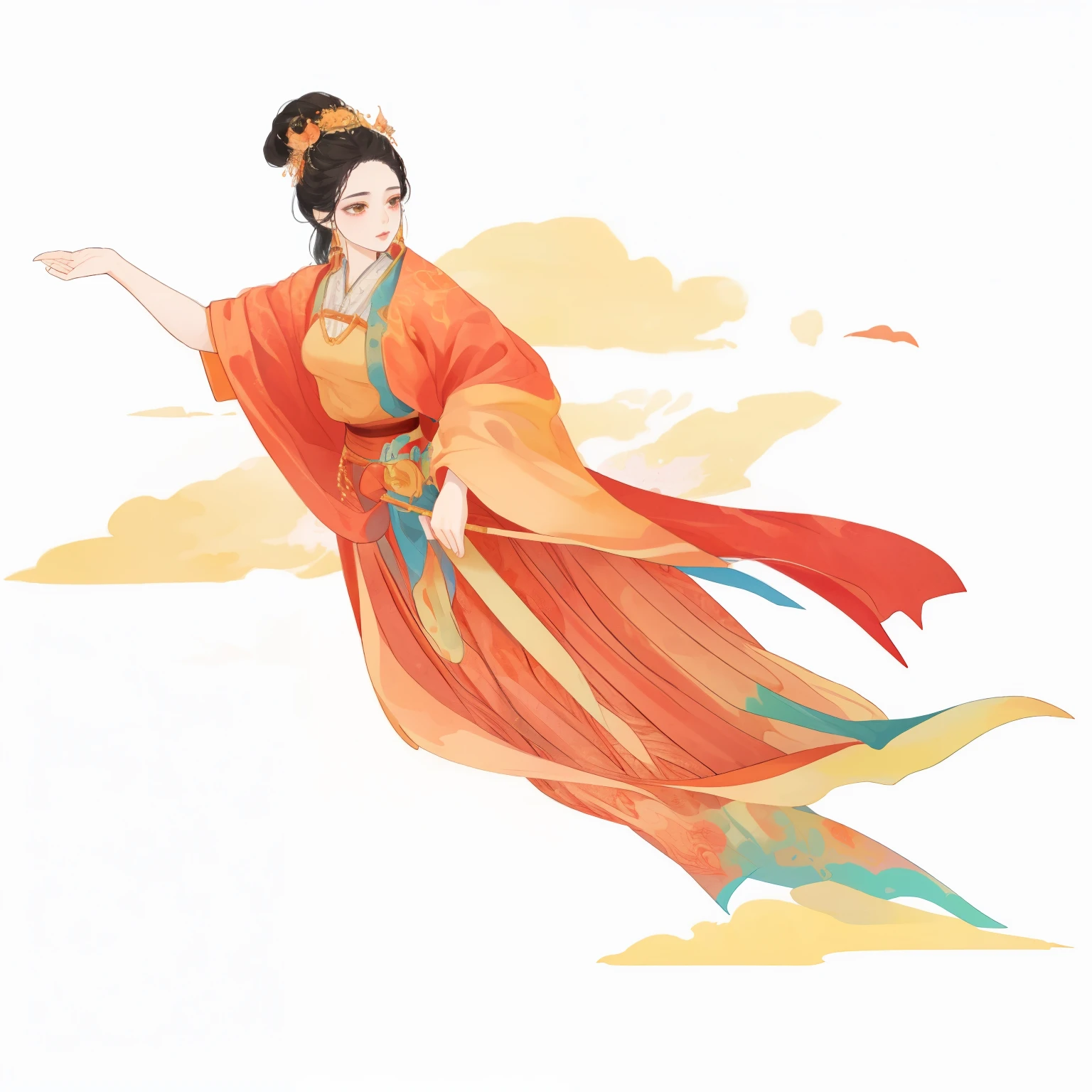 Best quality，Very detailed，masterpiece，Extremely detailed，solo，A woman，25-year-old female，Full Body Love，，Change rushes to the moon，Change，flight，Dunhuang flight Sky，Chinesedress，Hanfu，Traditional Chinese bun，（Exquisite eyes），（Full Body Love），（1 Girl），(black eyes），Dark brown hair ，White hair ，Holding a rabbit，White Rabbit，A woman in a kimono skirt is flying in the sky, Ancient Chinese Goddess, Ancient Chinese Princess, Chinese Princess, Inspired by Lan Ying, palace ， Girl wearing Hanfu, Ancient Chinese beauties, Asian Dynasty Princess, Chinese Empress, Inspired by Shangxi, Wearing Chinese clothes, Inspired by Qiu Ying, Inspired by Tangdi