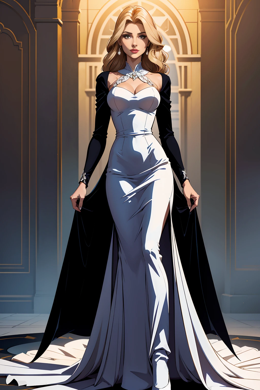 A solo woman wearing an elegant and sophisticated dress. She has a slim and well-defined figure, with an average height that enhances the chosen dress. The dress must be a classic model, that highlights your silhouette in an elegant way, with a cut that highlights your graceful posture. Include color details, the type of fabric, the length and adornments of the dress. The design should be sophisticated and appropriate for a formal event, reflecting Renata's sophistication and style. Complete the look with accessories that complement the dress, like discreet jewelry and a sophisticated clutch."