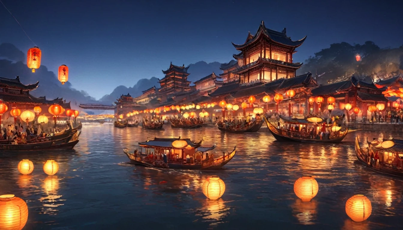 Ancient china, lantern festival night, river, lanterns floating on river, ancient ships and boats with lanterns on the river, view from a boat on the river