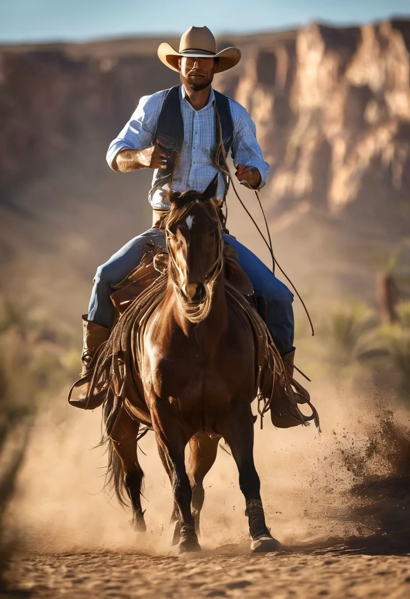 1 cowboy, rodeo, western, cowgirl, cowboy hat, lasso, horse, ranch, sunset, desert, action pose, detailed face, (best quality,4k,8k,highres,masterpiece:1.2),ultra-detailed,(realistic,photorealistic,photo-realistic:1.37),cinematic lighting,dramatic shadows,vibrant colors,dynamic composition