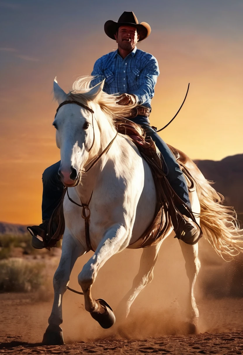 1 cowboy, rodeo, western, cowgirl, cowboy hat, lasso, horse, ranch, sunset, desert, action pose, detailed face, (best quality,4k,8k,highres,masterpiece:1.2),ultra-detailed,(realistic,photorealistic,photo-realistic:1.37),cinematic lighting,dramatic shadows,vibrant colors,dynamic composition
