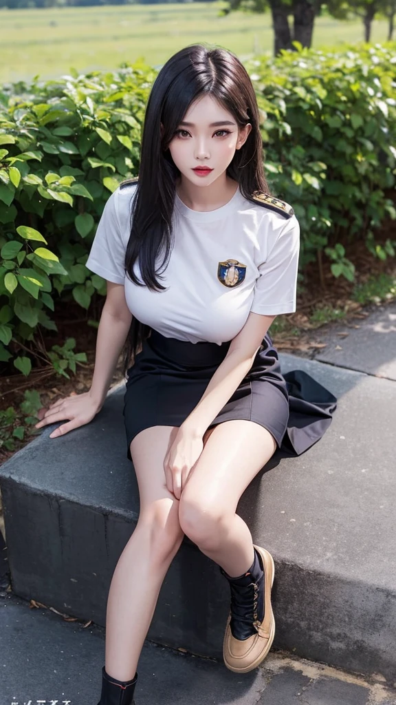 beautiful girl, mature woman, Wear khakis, khaki civil servant, Thai teacher uniform:1.3, beautiful girlextra long hair, Two meter long hair, long black hair, Hair is soft and smooth., extra long hair, Dynamic posts, Short sleeve shirtสีกากี, Short pencil skirtสีกากี, Decorated with military insignia.., big breast, big breast:1.5, big breasts, eye-catching breasts, A gigantic rift, The breast is fully grown., big breast, Breast size 400 cc.., big breastดันเสท้อให้นูนขึ้น, Shirts that are split because of large breasts, small waist, hips raised, small thighs, Long legs, สาวTwo meter long hair, Beautiful face, red lips, Very shiny, แต่งBeautiful face, military rank insignia, Short pencil skirt, tight, Short sleeve shirt, Focus on shape, in the background, rural school, ultra short skirt, Short sleeve shirt, amazing gesture, sit, Dynamic posts,