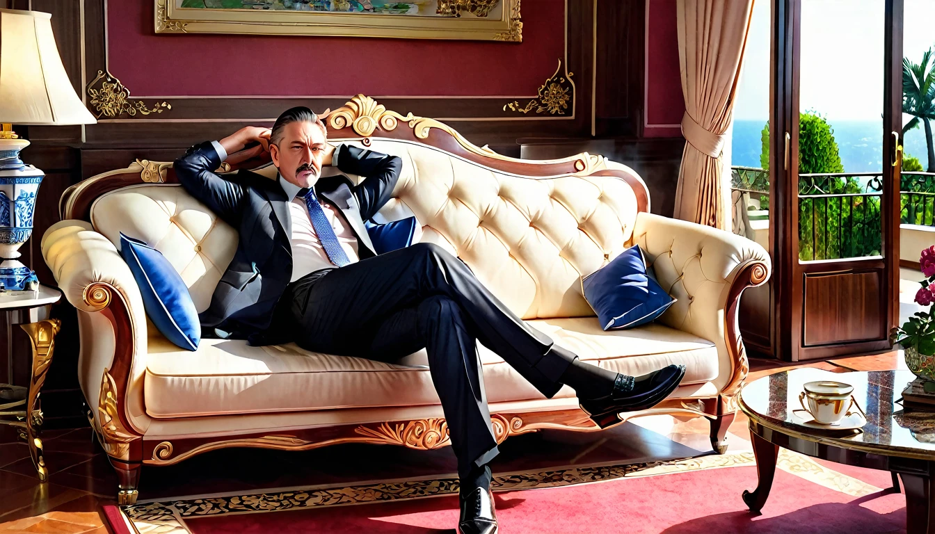 A boss lies on the sofa in the living room of the villa
