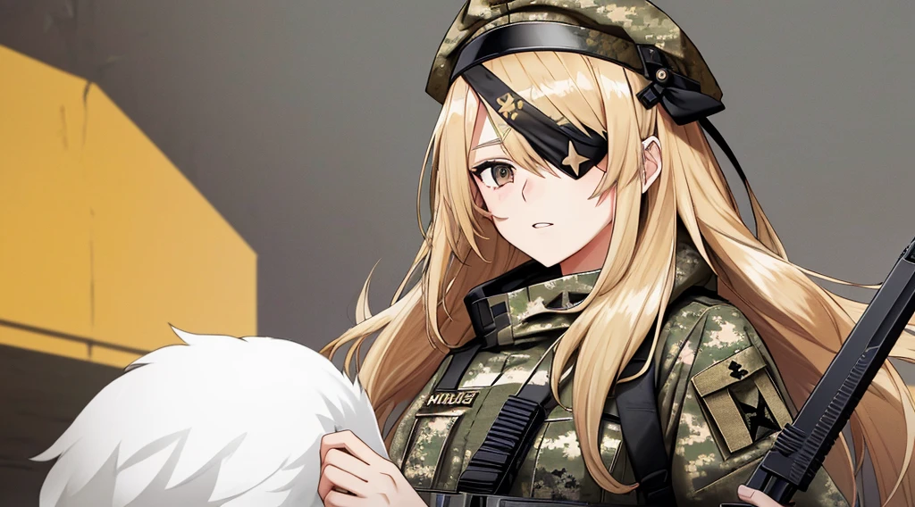a woman with long blonde hair and brown eyes is wearing camouflage military clothing, wears a black triangular-shaped eye patch over her right eye and a chicken-shaped cap on her head