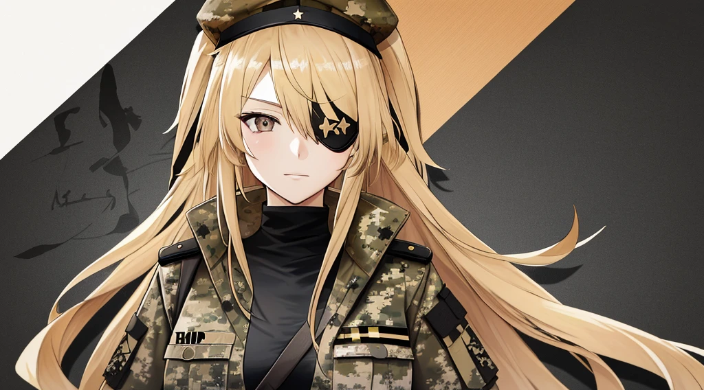 a woman with long blonde hair and brown eyes is wearing camouflage military clothing, wears a black triangular-shaped eye patch over her right eye and a chicken-shaped cap on her head