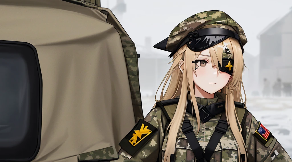 a woman with long blonde hair and brown eyes is wearing camouflage military clothing, wears a black triangular-shaped eye patch over her right eye and a chicken-shaped cap on her head