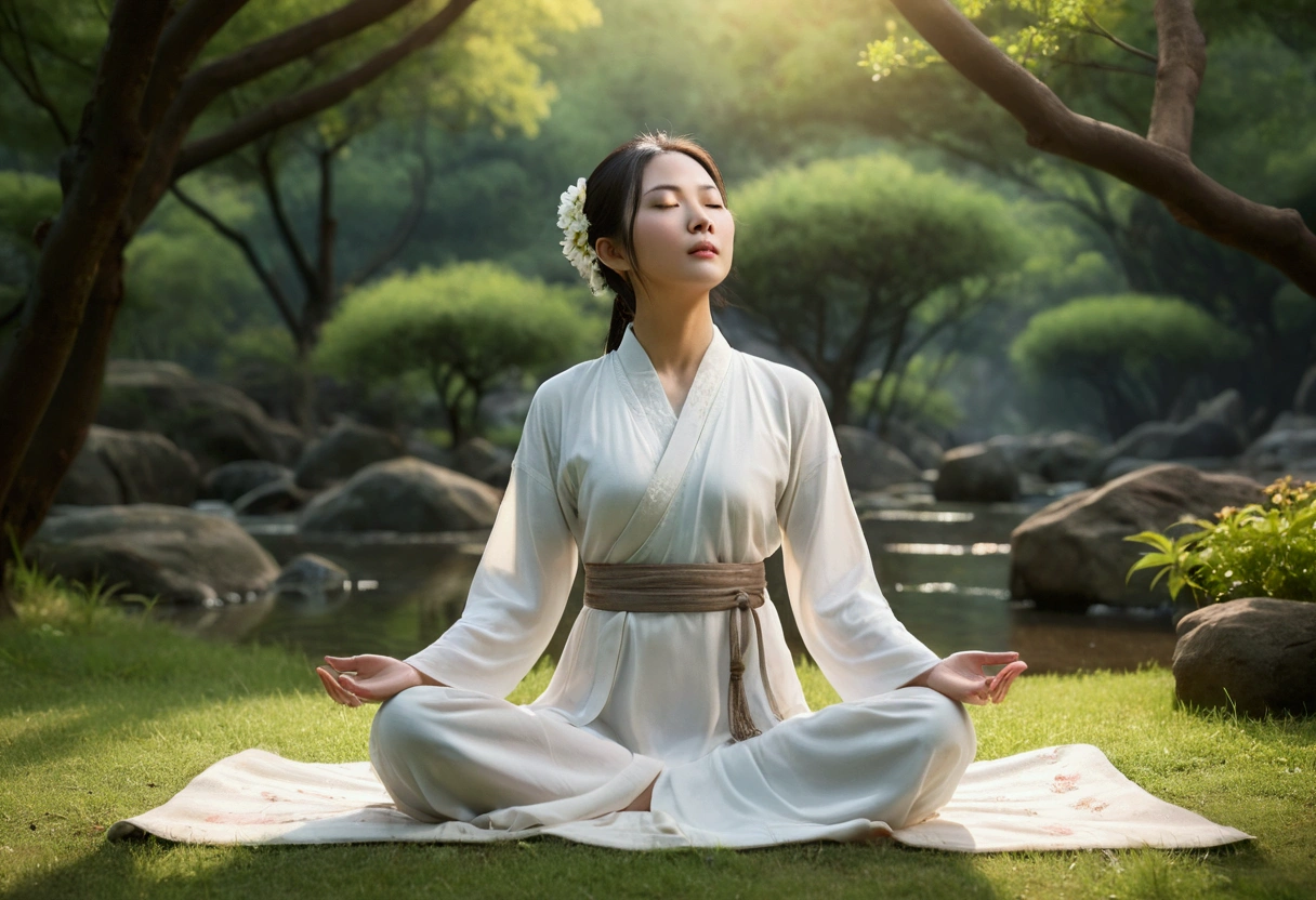 Realistic style, this photo depicts a Chinese woman gently closing her eyes, beautiful, confident, with a beautiful figure, looking up straight, with beautiful facial features, sitting cross legged in a peaceful environment, surrounded by trees, flowers, streams, and wide-angle lens. She is meditating in a peaceful environment. The woman was wearing a white dress, adding a calm atmosphere to the scene. Chaoyang is in the background, casting a warm glow in the scene, sitting on the grass lost in thought. High quality, high detail, 8K resolution