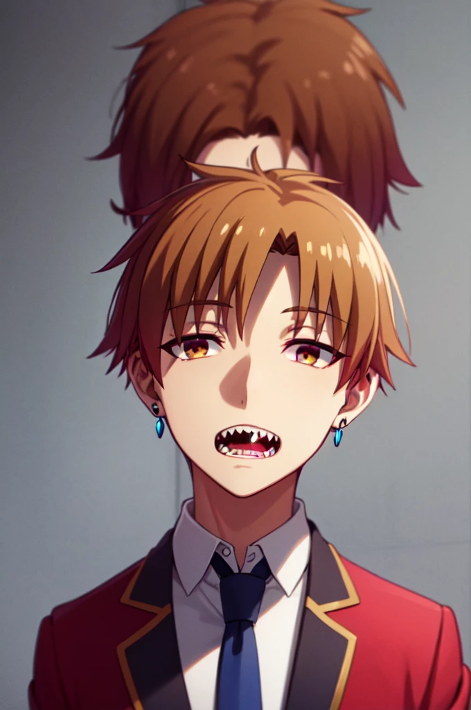 Masterpiece, best quality, 1boy, upper body, necktie, ((black earrings)), open mouth, simple backround, blonde hair, short hair, brown eyes, from above, looking at viewer, face, red jacket, sharp teeth