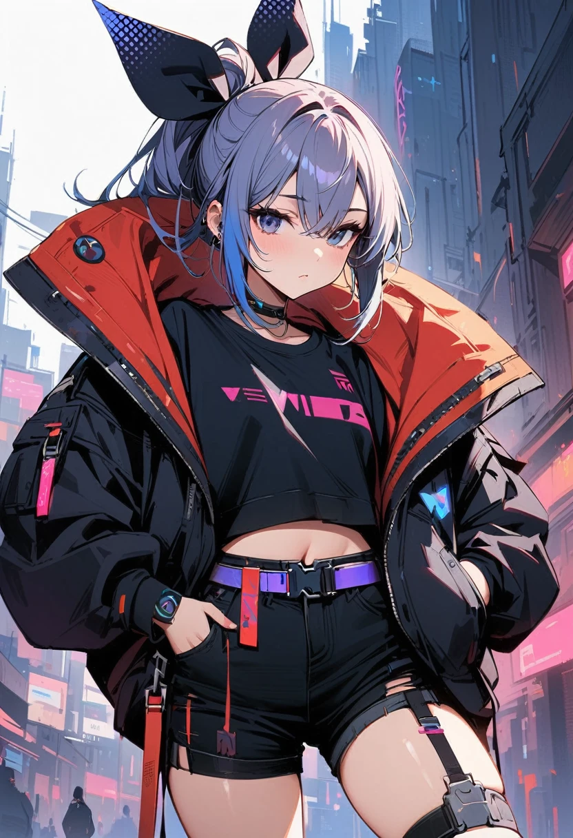 Young Girls, Red long hair, Black eyes, Double tail, Cyberpunk, Black top, shorts, Coat, masterpiece, high quality, silver wolf, Oversized vest