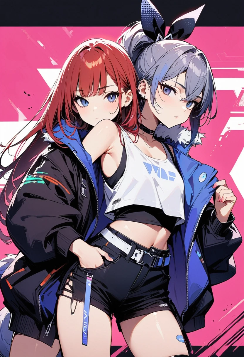 Young Girls, Red long hair, Black eyes, Double tail, Cyberpunk, Black top, shorts, Coat, masterpiece, high quality, silver wolf, Oversized vest