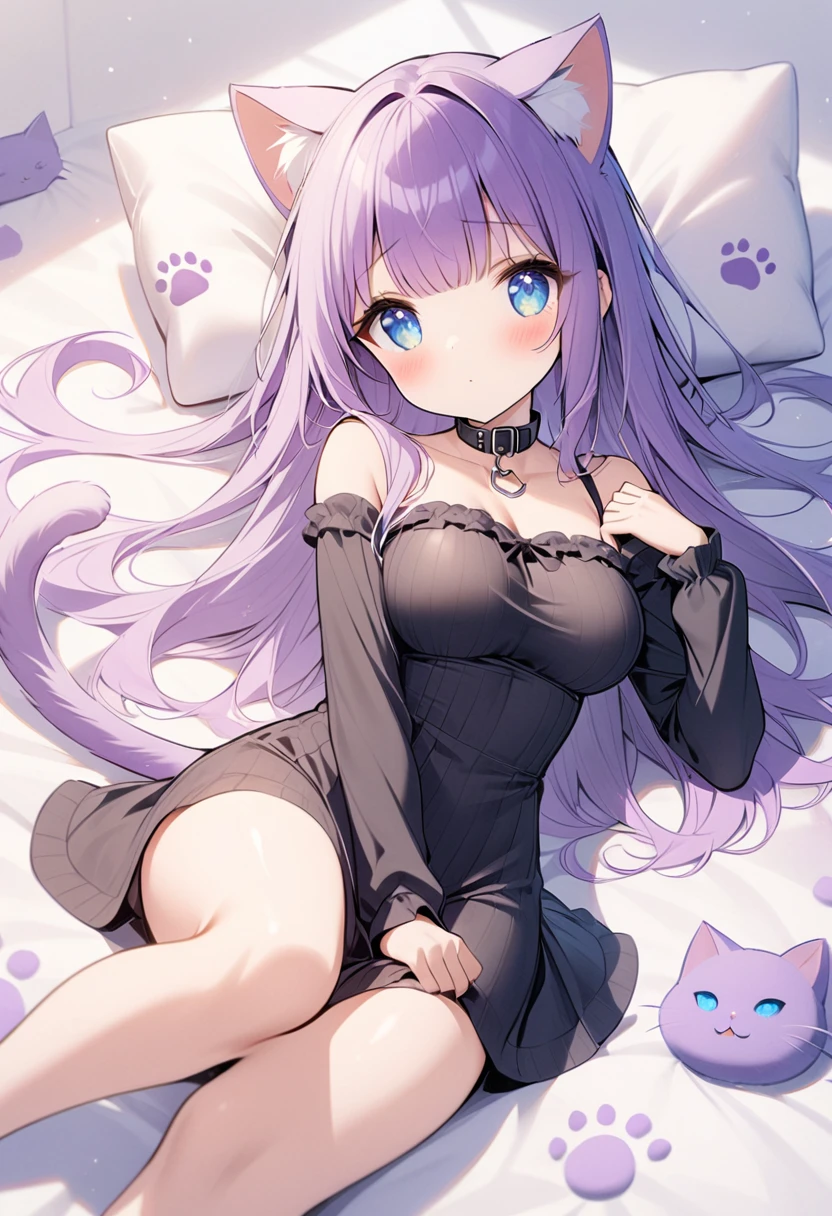 1girl, Blue eyes, Long Hair, Bangs, Purple Hair, Breasts, black collar, cat ears, purple cat tail, black clothes, paw prints, light blush, fully body, laying down